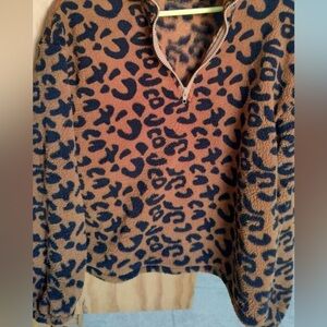 Leopard fleece zip up sweater L